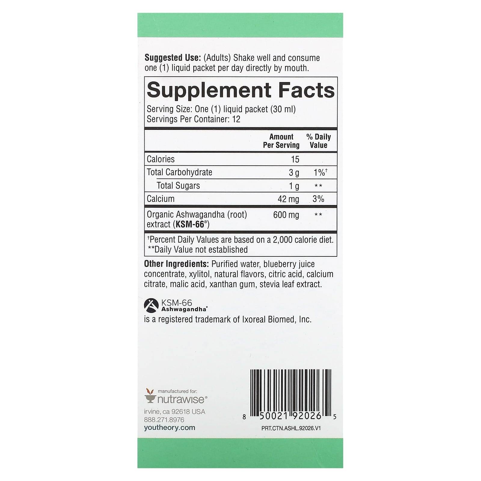 Youtheory, Ashwagandha Liquid, Blueberry, 600 mg, 12 Pouches, 1 fl oz (30 ml) Each - Image 2