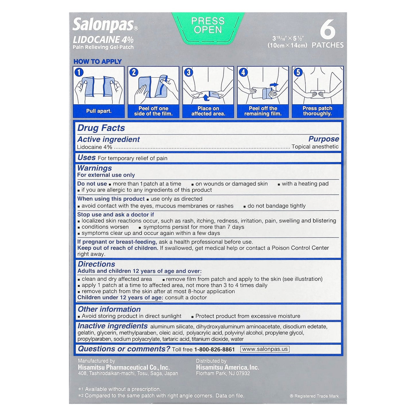 Salonpas, Lidocaine 4% Pain Relieving Gel-Patch, Maximum Strength, Unscented, 6 Patches - Image 2