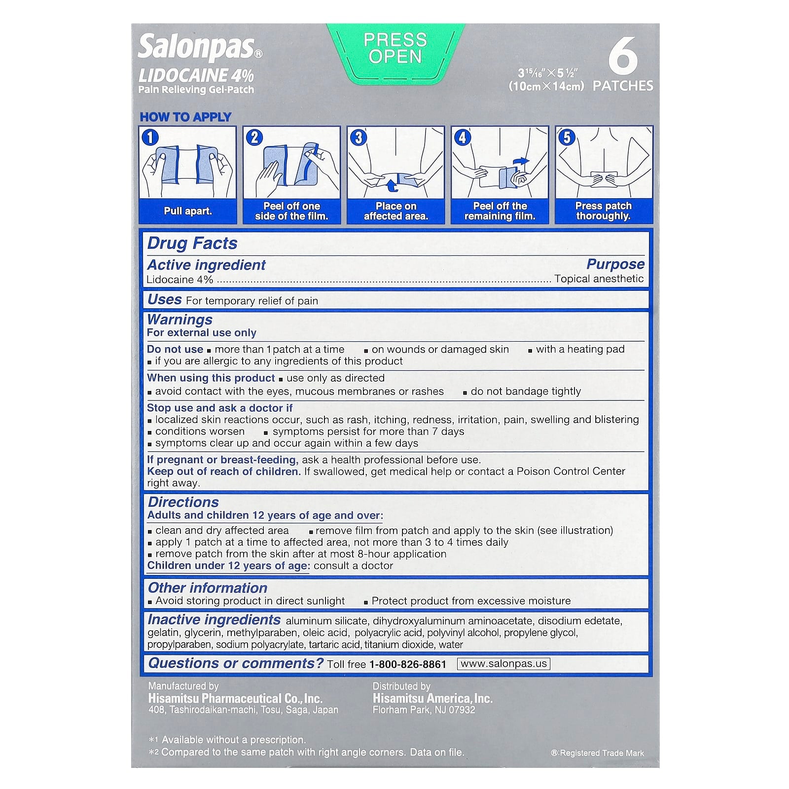 Salonpas, Lidocaine 4% Pain Relieving Gel-Patch, Maximum Strength, Unscented, 6 Patches - Image 2