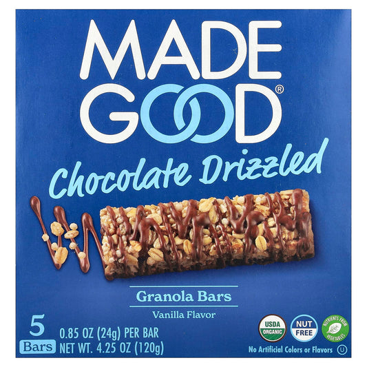 MadeGood, Granola Bars, Chocolate Drizzled, Vanilla, 5 Bars, 0.85 oz (24 g) Each - Image 1