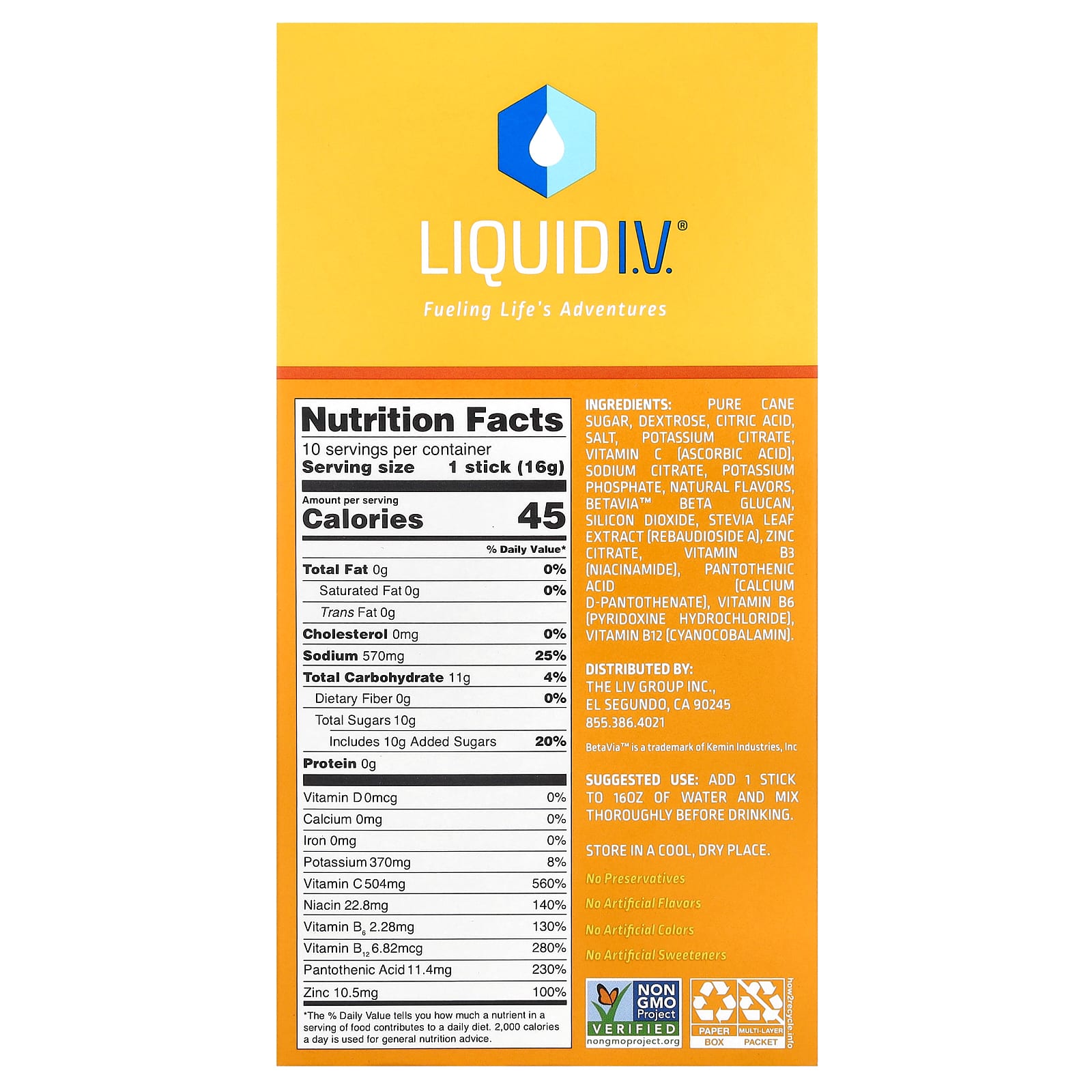 Liquid I.V., Hydration Multiplier + Immune Support Drink Mix, Tangerine, 10 Stick Packs, 0.56 oz (16 g) Each - Image 2