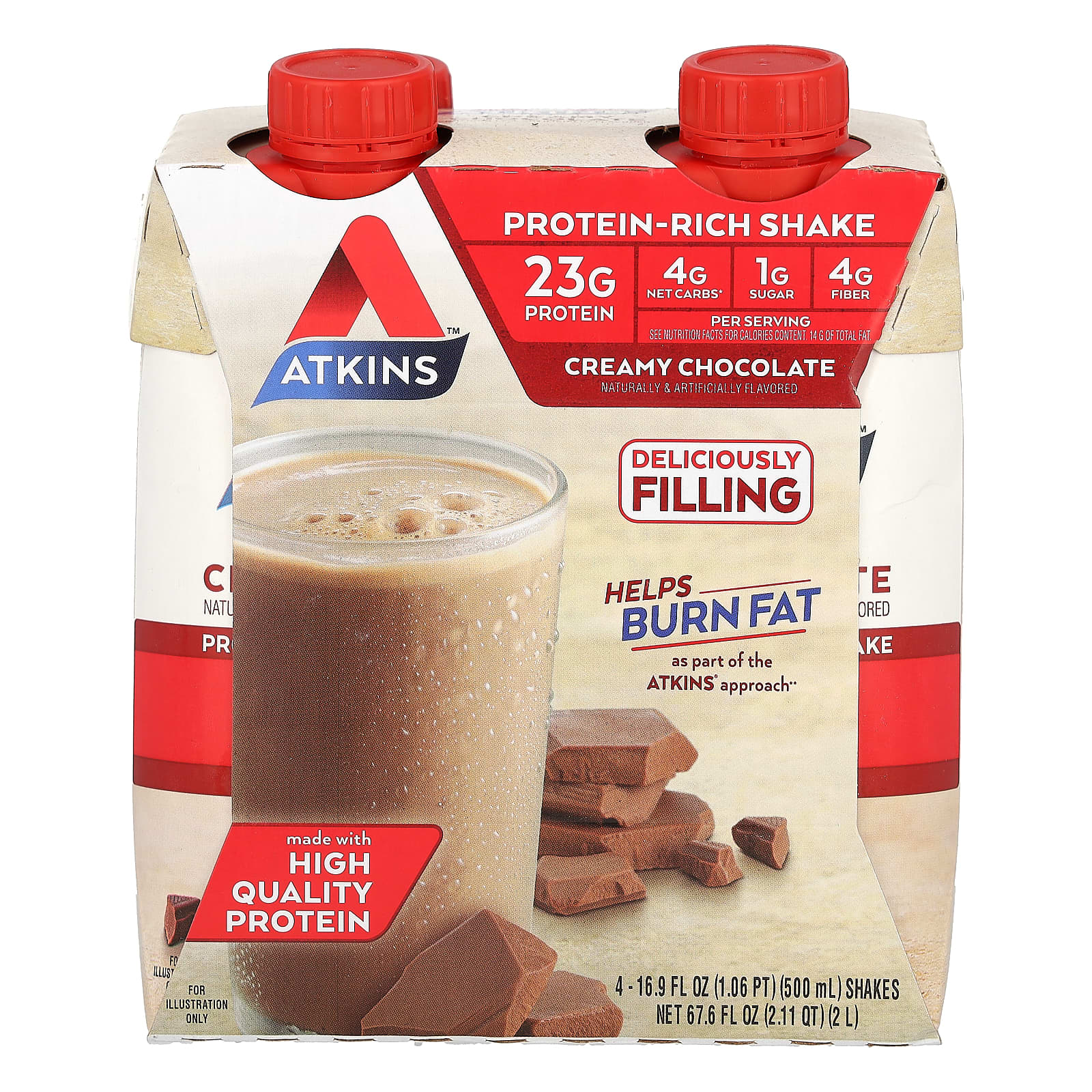 Atkins Creamy Chocolate Protein Shake, 4 x 16.9 fl oz, Low Carb - Image 1