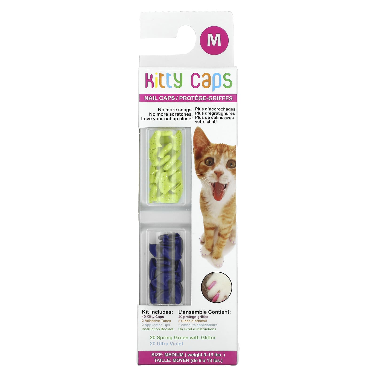 Kitty Caps, Nail Caps Kit, Medium, Spring Green with Glitter, Ultra Violet, 44 Piece Kit - Image 1