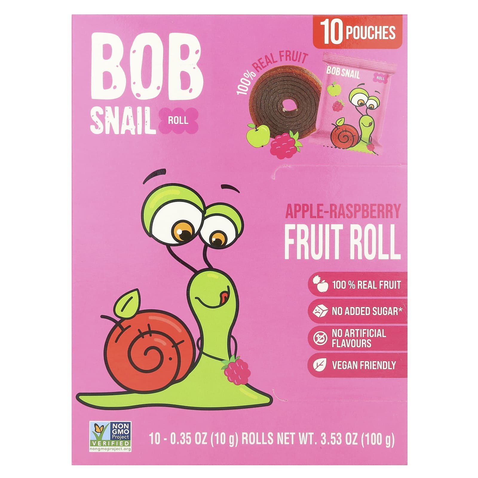 Vegan Apple-Raspberry Fruit Rolls | Bob Snail | 10 Pouches | 0.35 oz Each - Image 1