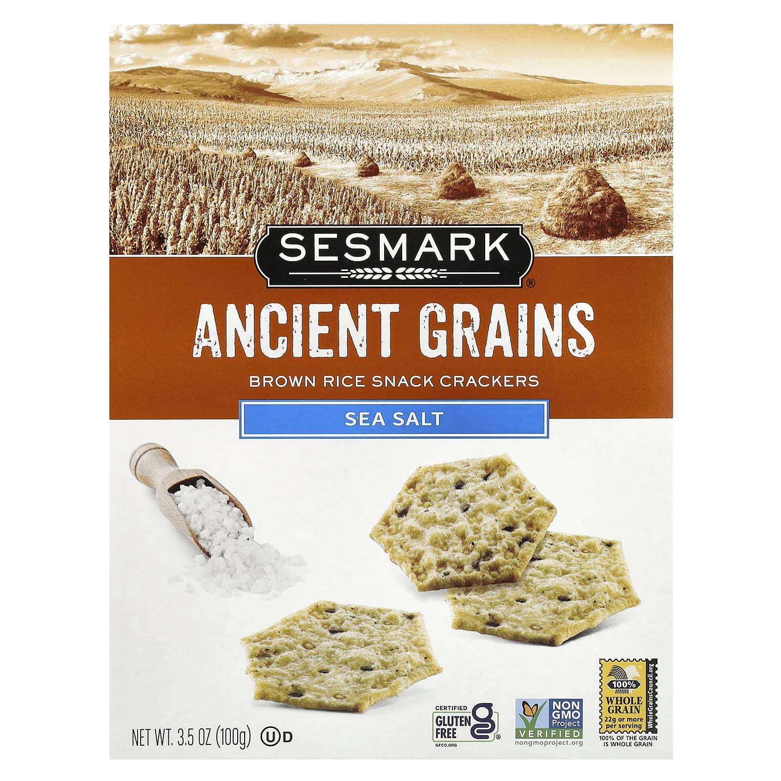 Sesmark, Ancient Grains, Brown Rice Snack Crackers,  Sea Salt, 3.5 oz (100 g) - Image 1