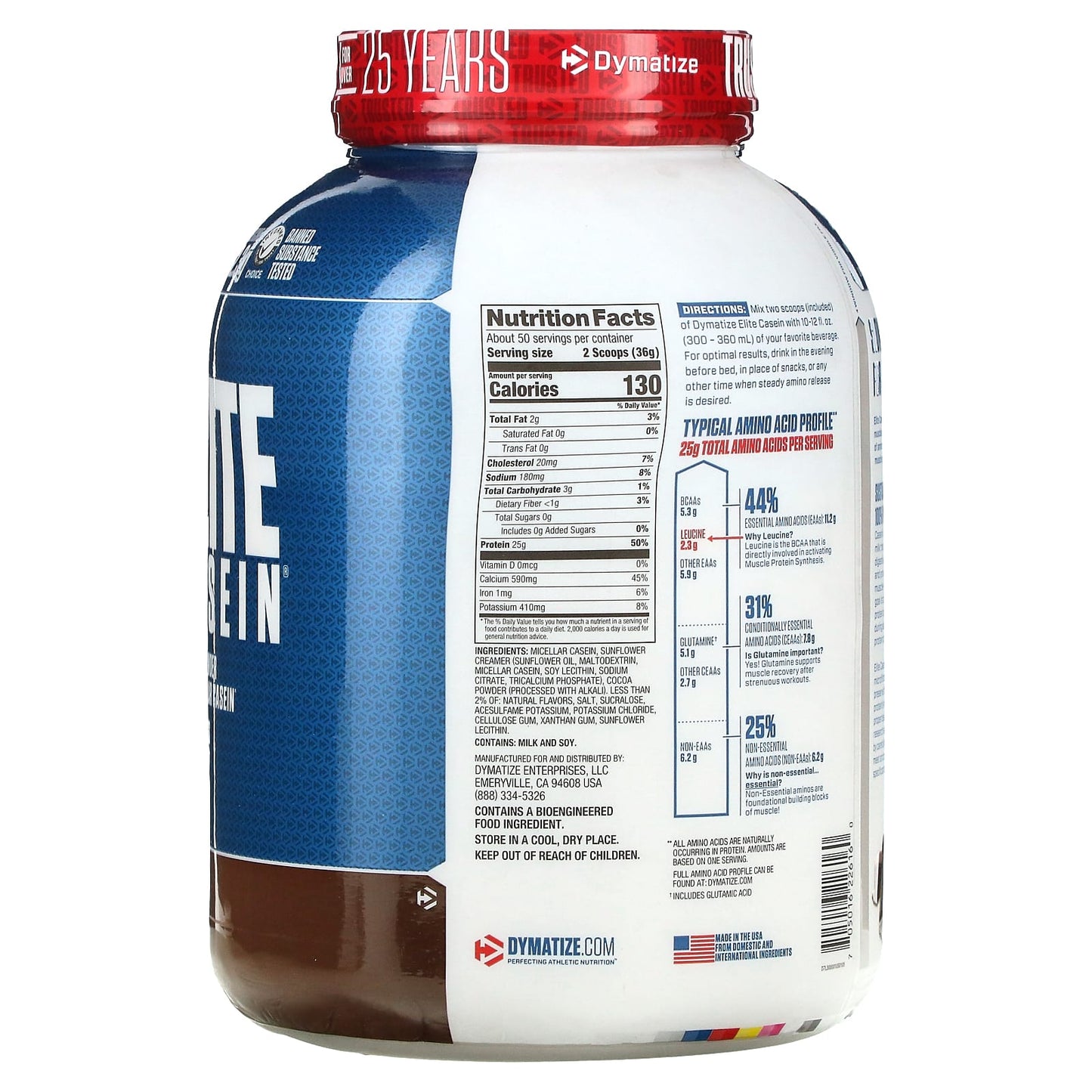 Dymatize Elite Casein Rich Chocolate 4 lb Slow Release Protein Powder - Image 2