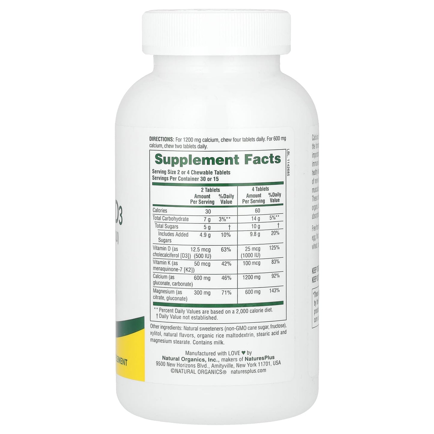 NaturesPlus, Chewable Cal/Mag/Vit D3 with Vitamin K2, Vanilla, 60 Chewable Tablets - Image 2