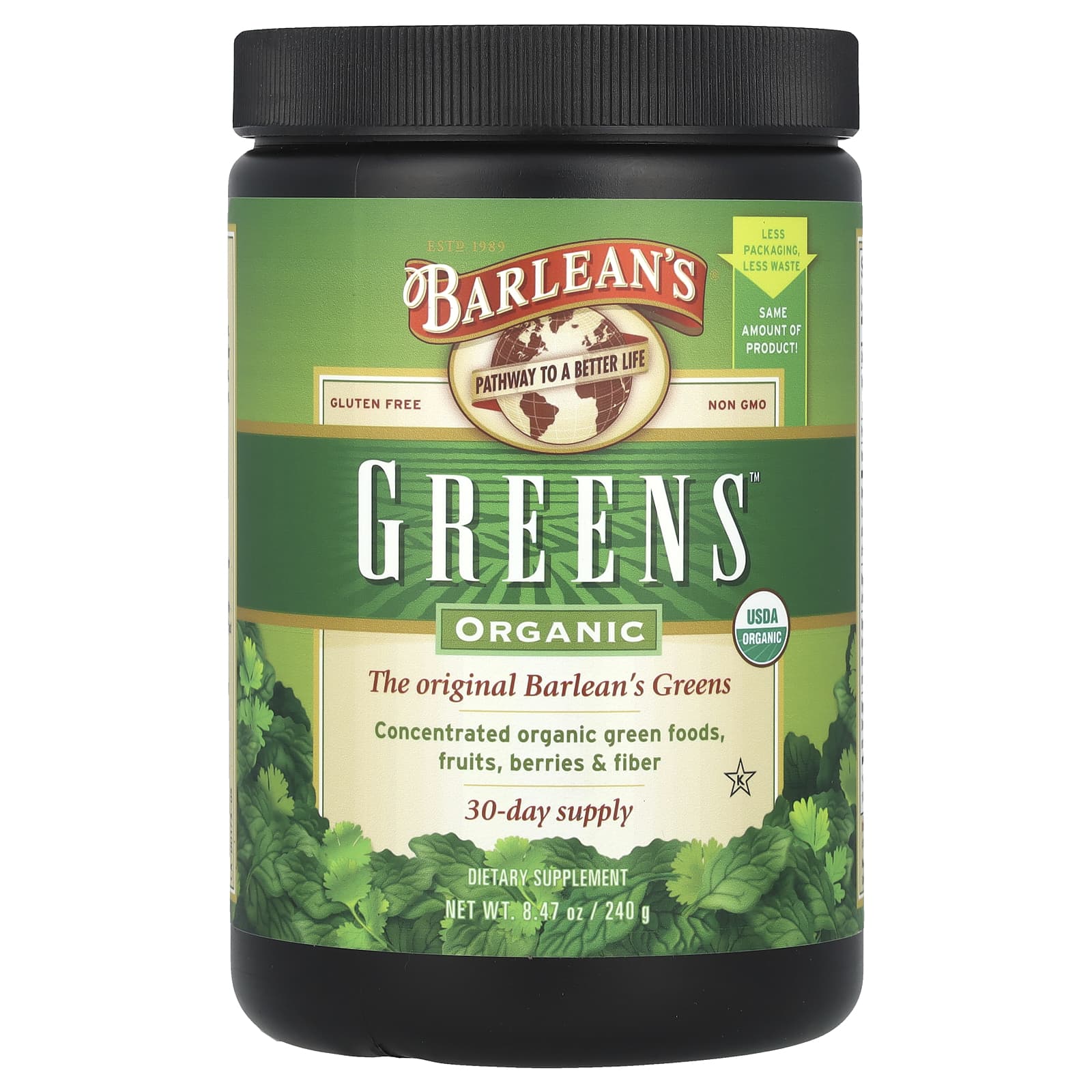 Boost Your Health with Organic Barlean's Greens Powder, 8.47 oz (240g) - Image 1