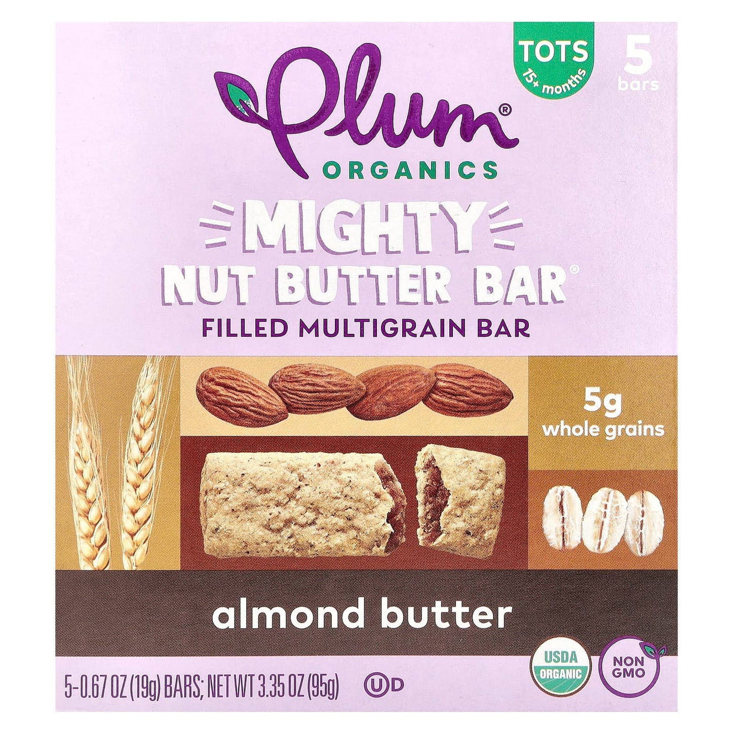 Plum Organics, Mighty Nut Butter Bar®, 15+ Months, Almond Butter, 5 Bars, 0.67 oz (19 g) Each - Image 1