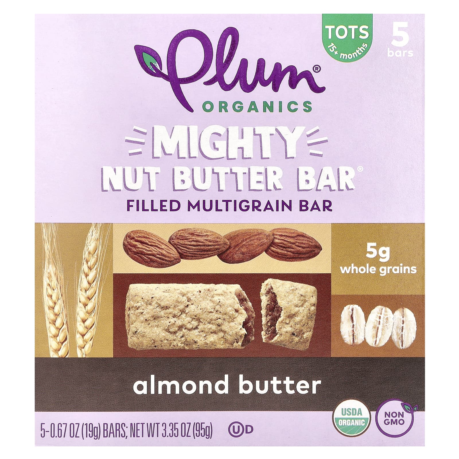 Plum Organics, Mighty Nut Butter Bar®, 15+ Months, Almond Butter, 5 Bars, 0.67 oz (19 g) Each - Image 1