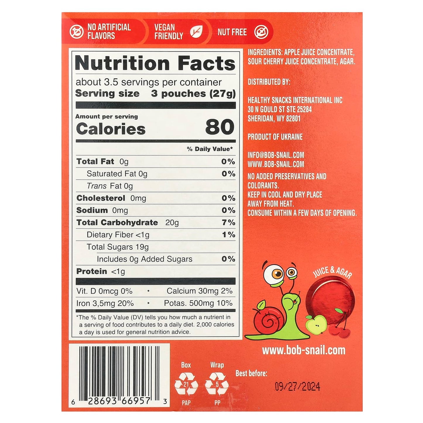 Bob Snail Fruit Gummy Snacks - Apple & Sour Cherry, Vegan & Gluten-Free, 10 Pouches - Image 2