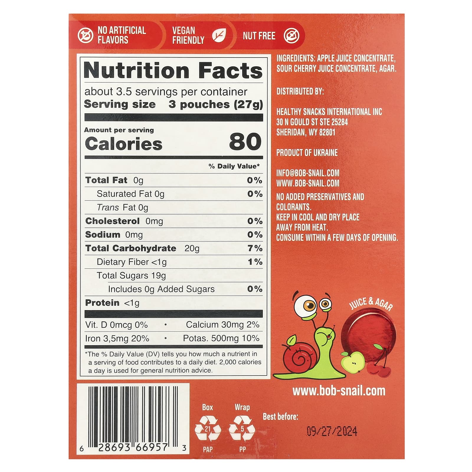 Bob Snail Fruit Gummy Snacks - Apple & Sour Cherry, Vegan & Gluten-Free, 10 Pouches - Image 2