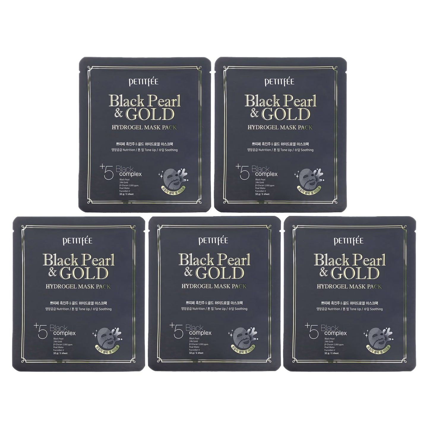 Petitfee, Black Pearl & Gold Hydrogel Beauty Mask Pack, 5 Sheets, 32 g Each - Image 1