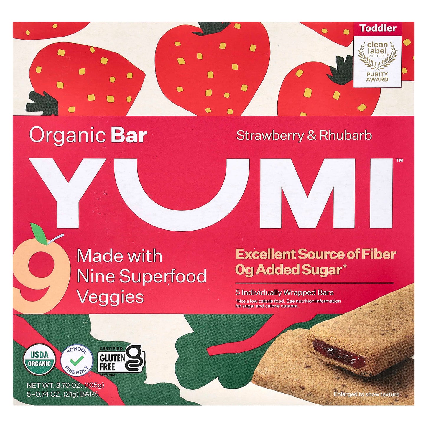Yumi, Organic Bar, Toddler, Strawberry & Rhubarb, 5 Bars, 0.74 oz (21 g) Each - Image 1