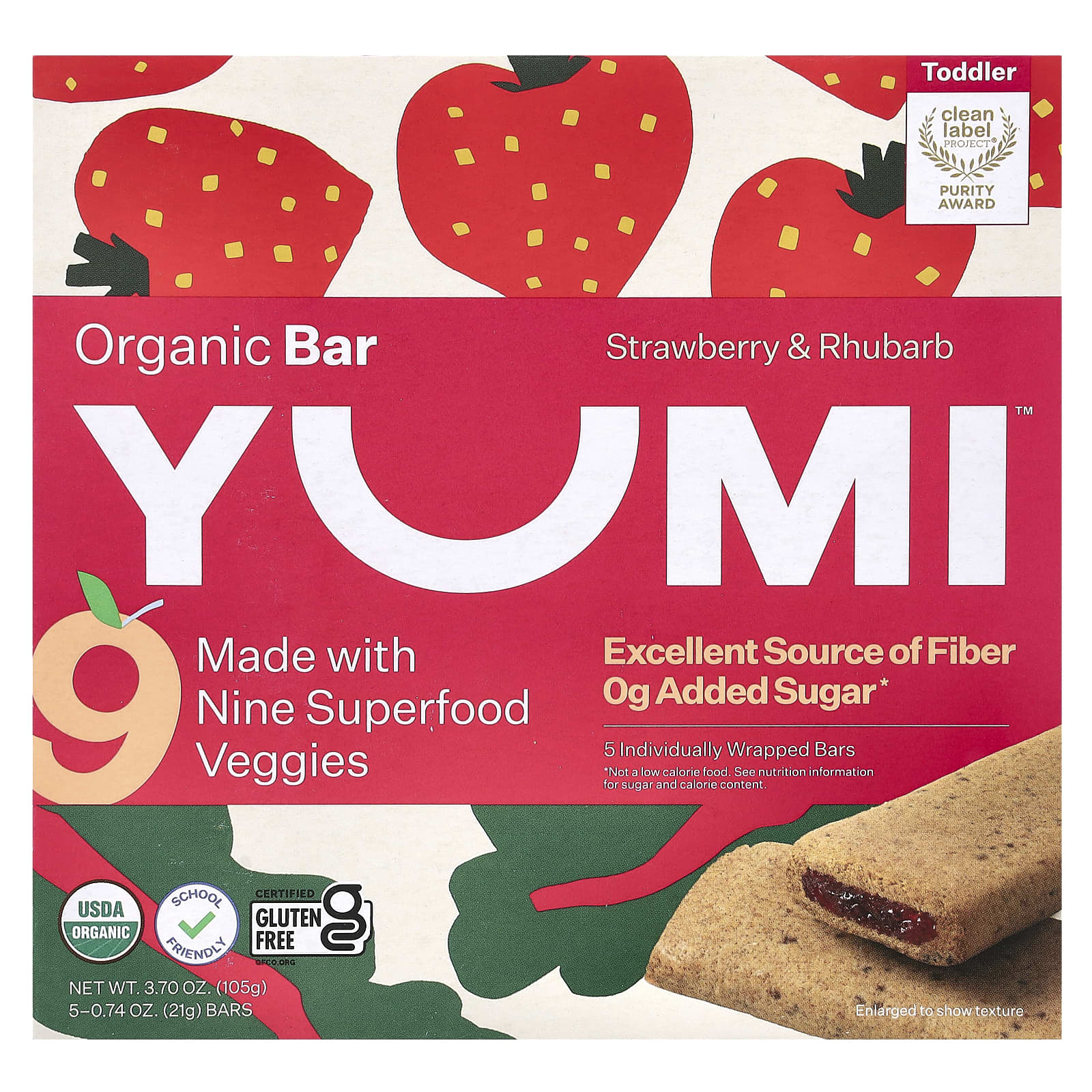 Yumi, Organic Bar, Toddler, Strawberry & Rhubarb, 5 Bars, 0.74 oz (21 g) Each - Image 1