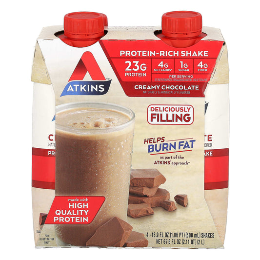 Atkins Creamy Chocolate Protein Shake, 4 x 16.9 fl oz, Low Carb - Image 1
