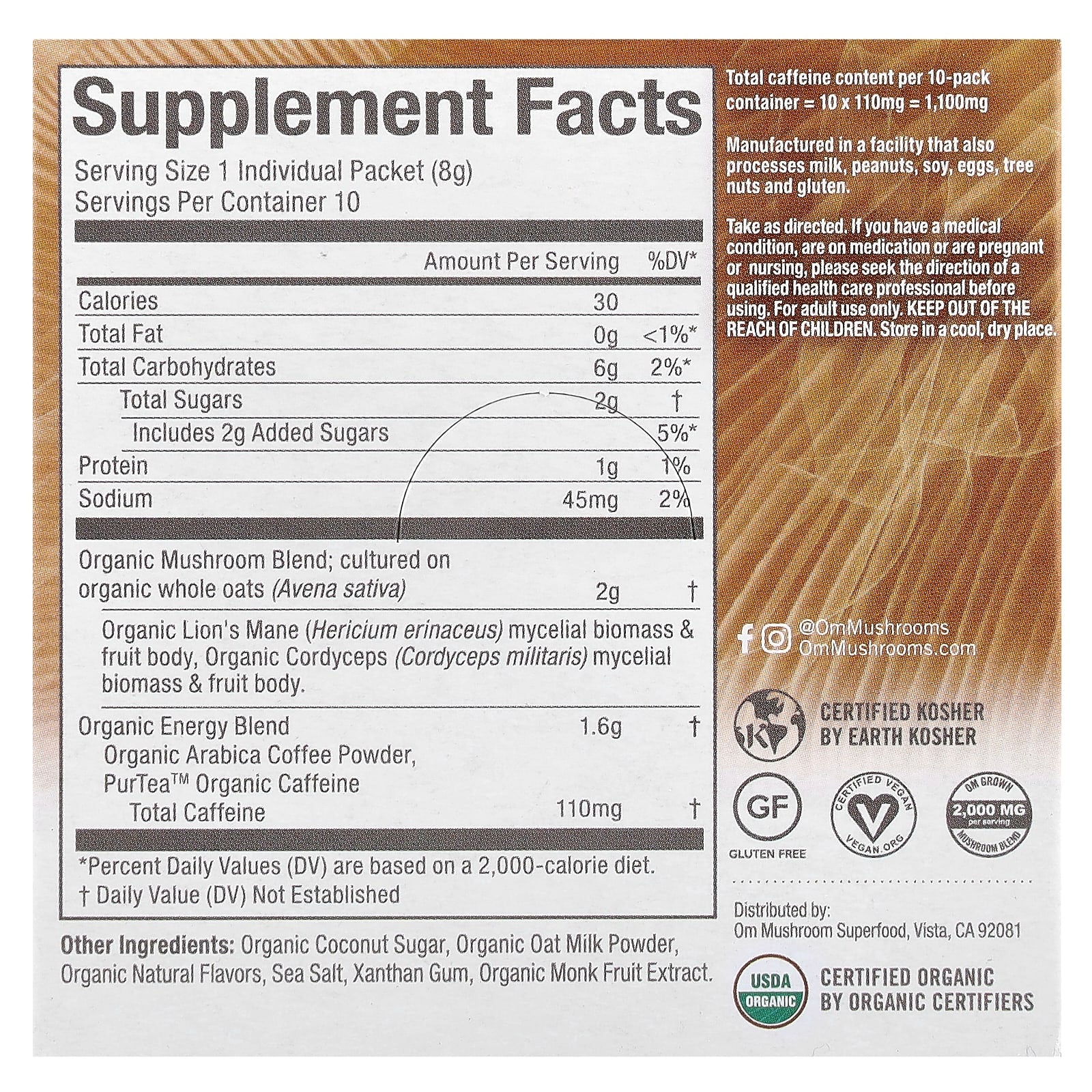 Om Mushrooms, Superfood Mushroom Blend, Coffee Latte, 10 Packets, 0.28 oz (8 g) Each - Image 2