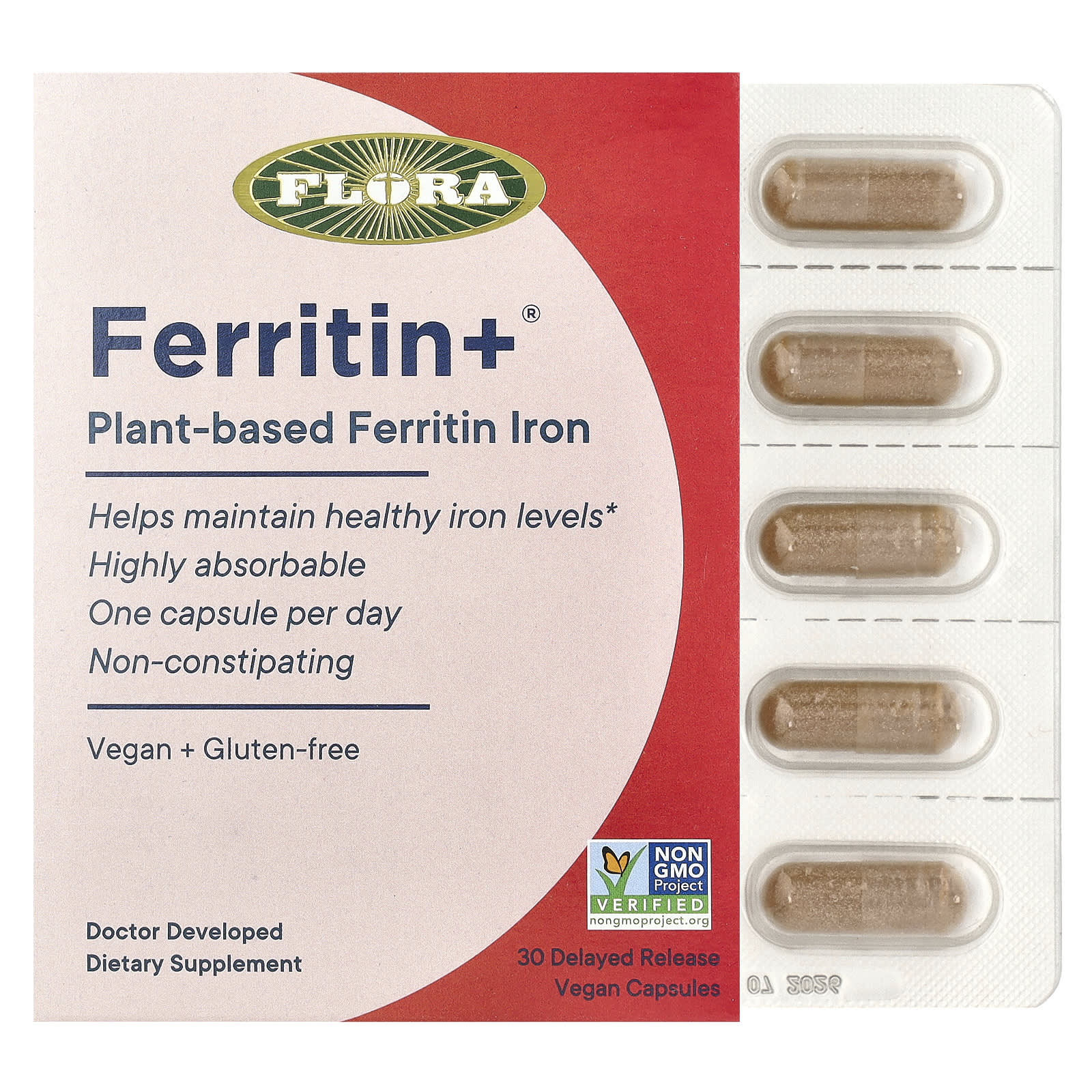Flora, Ferritin+®, Plant-Based Ferritin Iron, 20 mg, 30 Delayed Release Vegan Capsules