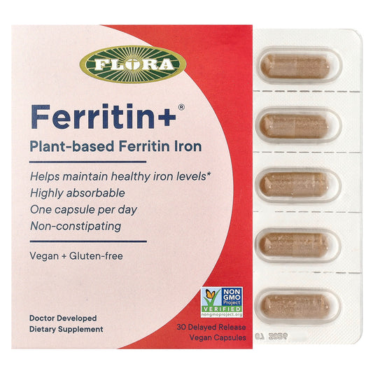 Flora, Ferritin+®, Plant-Based Ferritin Iron, 20 mg, 30 Delayed Release Vegan Capsules