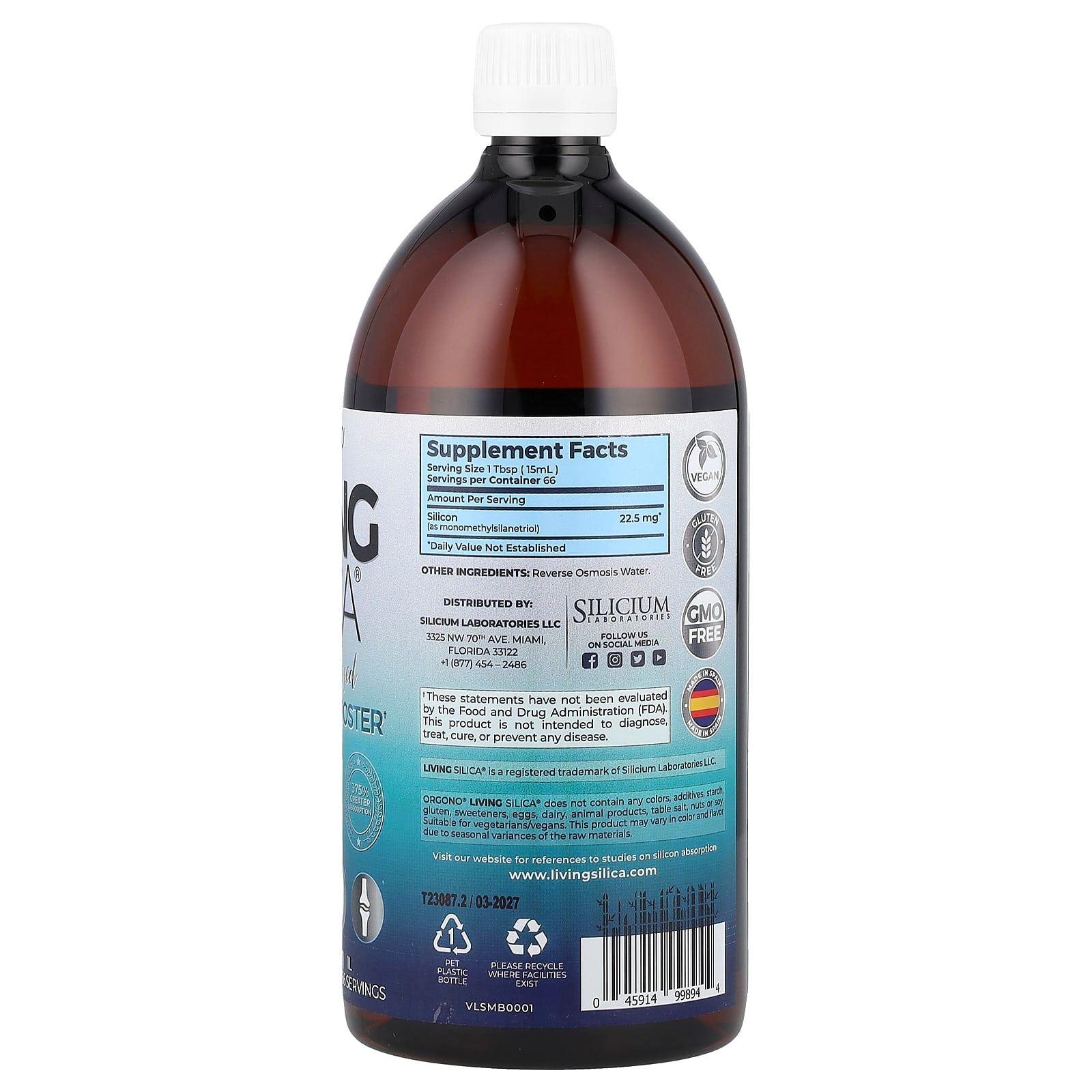 Silicium Laboratories, Orgono® Living Silica®, Collagen Booster, 22.5 mg, 33.8 fl oz (1 L) - Image 2