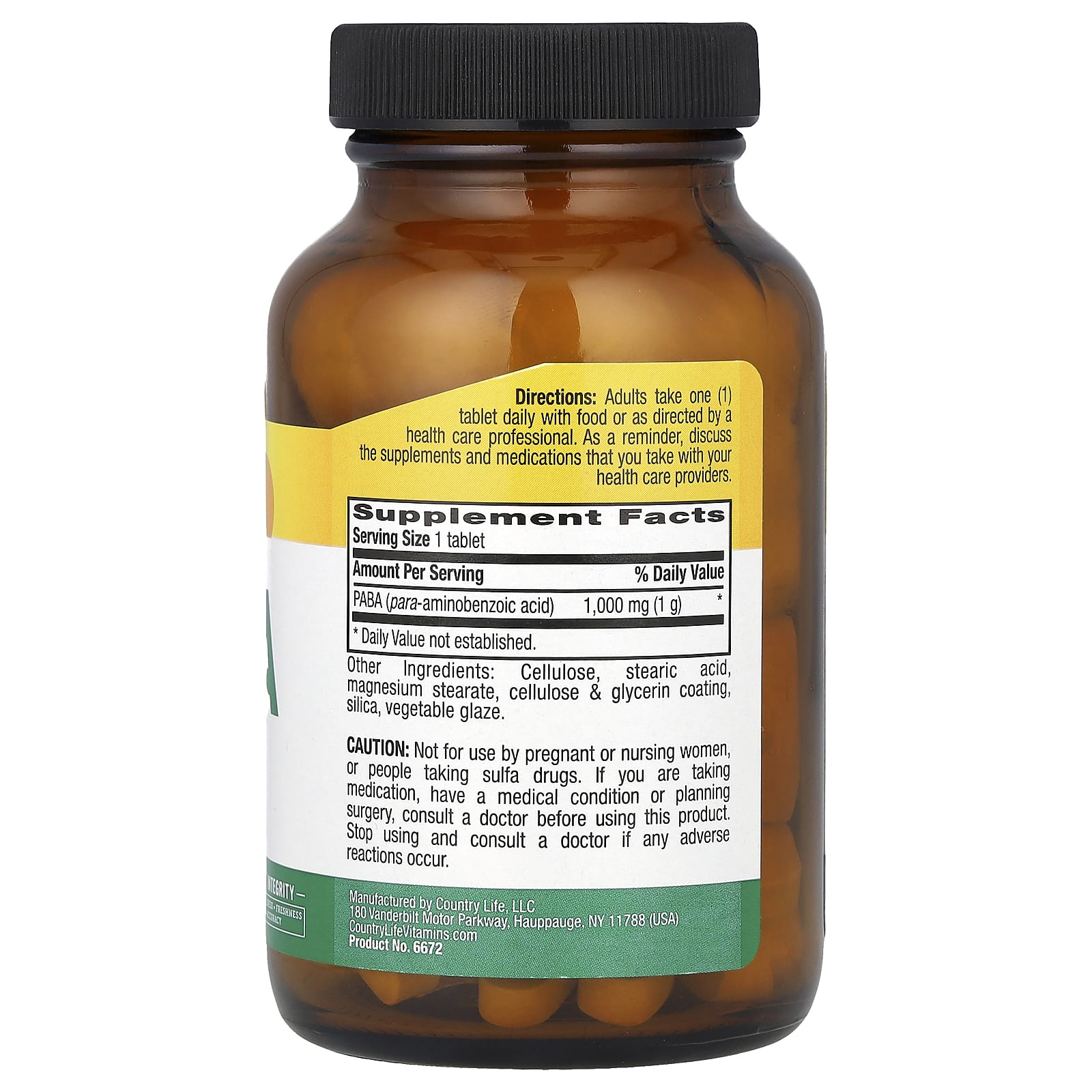 Country Life PABA 1,000mg Dietary Supplement Tablets - Image 2