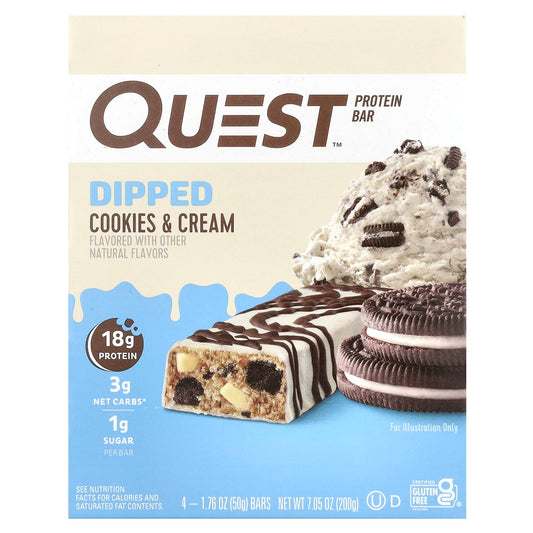 Quest Nutrition, Protein Bar, Dipped, Cookies & Cream, 4 Bars, 1.76 oz (50 g) Each - Image 1