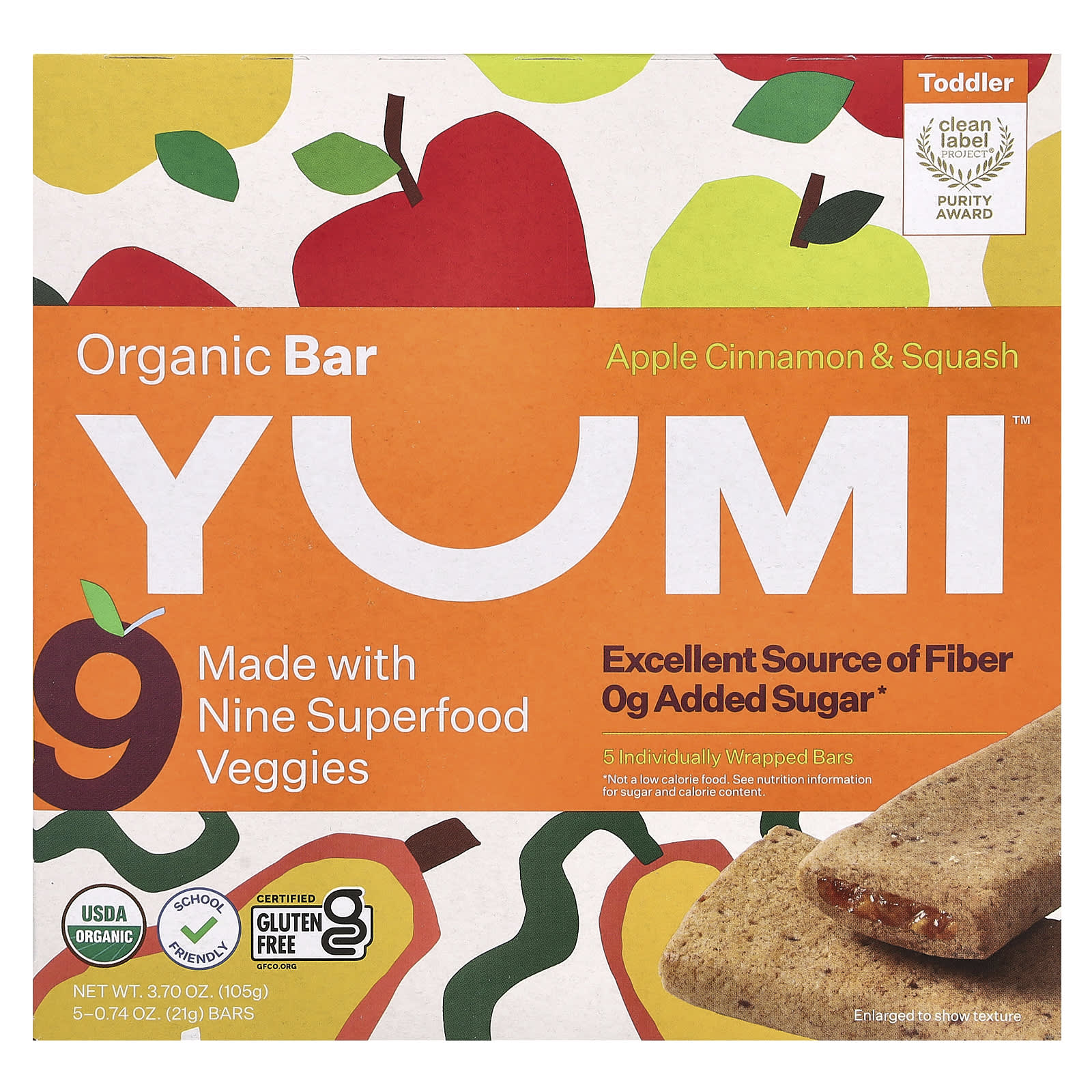 Yumi, Organic Bar, Toddler, Apple Cinnamon & Squash, 5 Bars, 0.74 oz (21 g) Each - Image 1