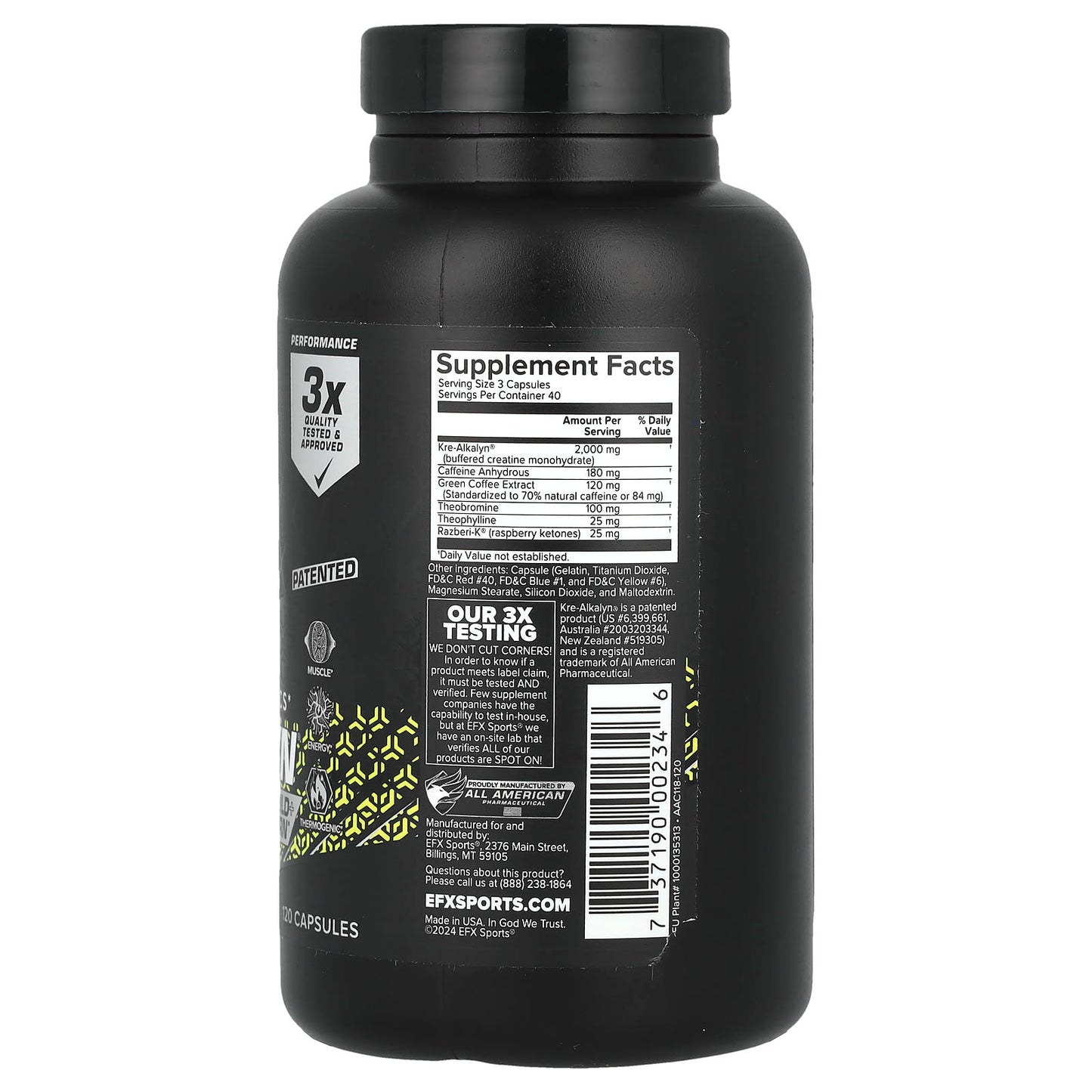 EFX Sports Kre-Alkalyn Hardcore Creatine Supplement 120 Capsules - Image 2