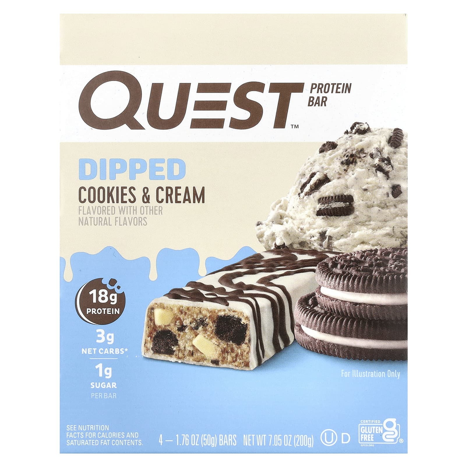 Quest Nutrition, Protein Bar, Dipped, Cookies & Cream, 4 Bars, 1.76 oz (50 g) Each - Image 1
