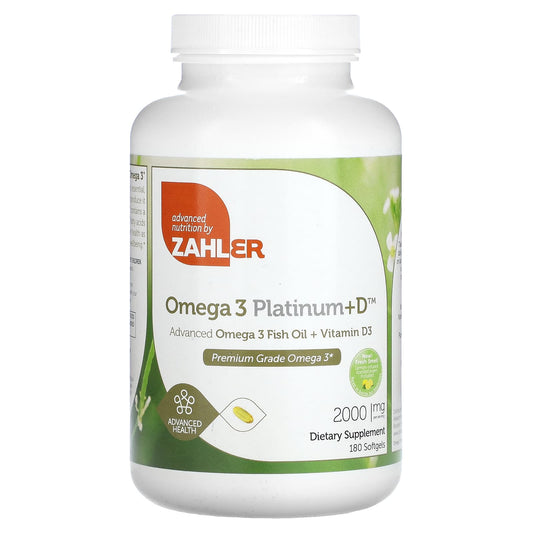 Zahler, Omega 3 Platinum+D, Advanced Omega 3 Fish Oil + Vitamin D3, 2,000 mg, 180 Softgels (1,000 mg per Softgel) - Image 1