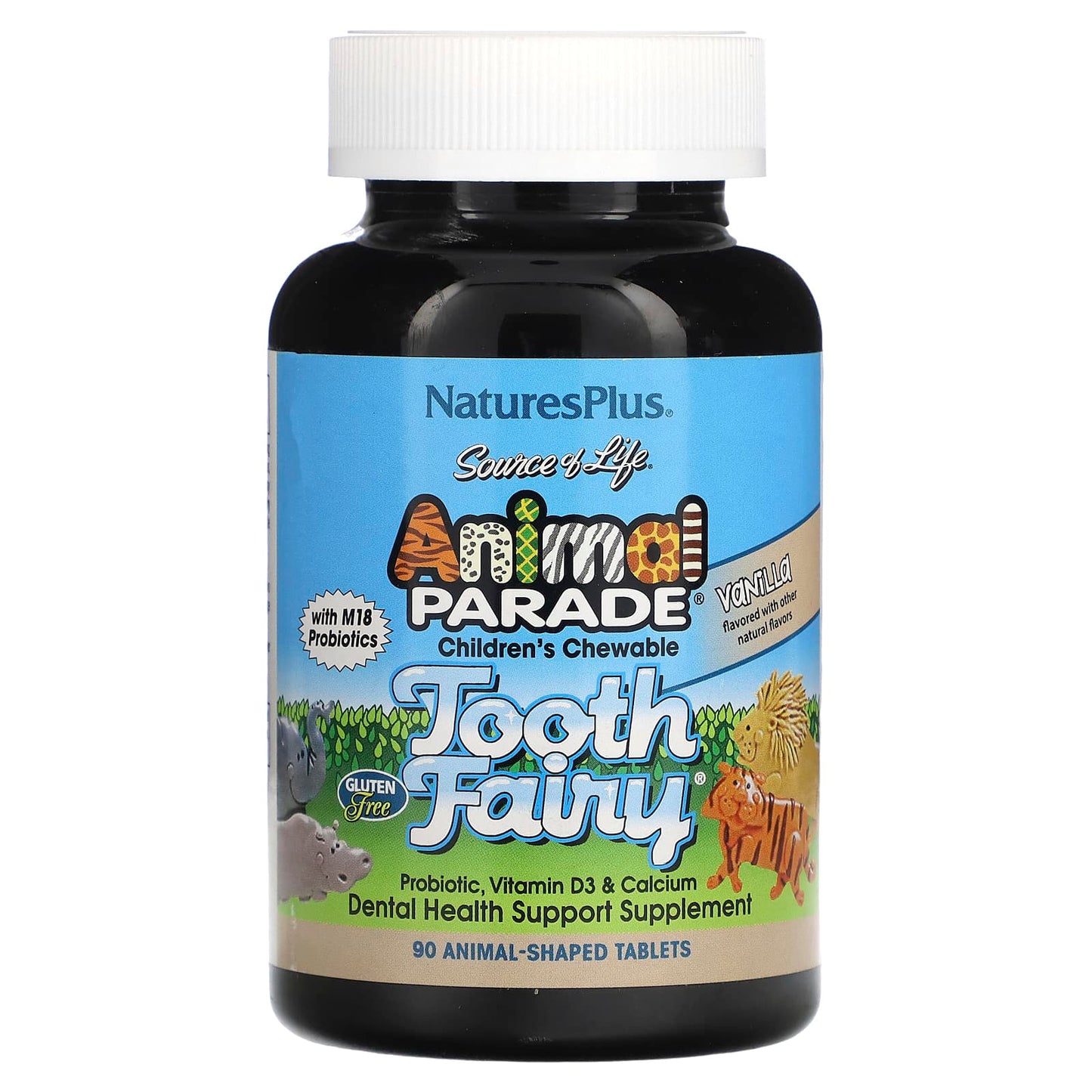 NaturesPlus, Source of Life, Animal Parade, Children's Chewable Tooth Fairy Probiotic, Vitamin D3 & Calcium, Vanilla, 90 Animal-Shaped Tablets - Image 1