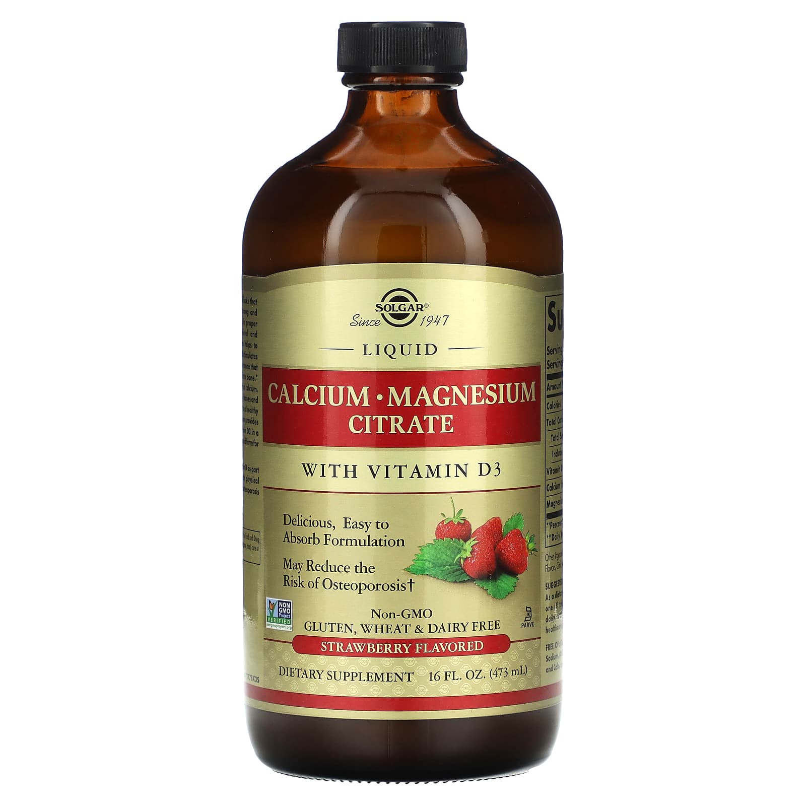 Solgar, Liquid Calcium Magnesium Citrate with Vitamin D3, Strawberry, 16 fl oz (473 ml) - Image 1