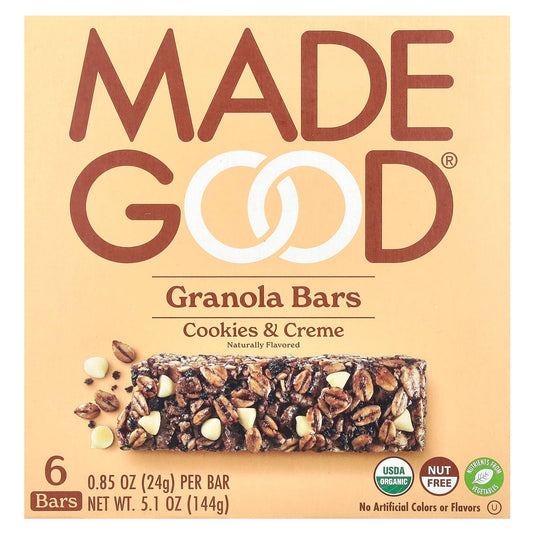 MadeGood, Granola Bars, Cookies & Crème, 6 Bars, 0.85 oz (24 g) Each - Image 1