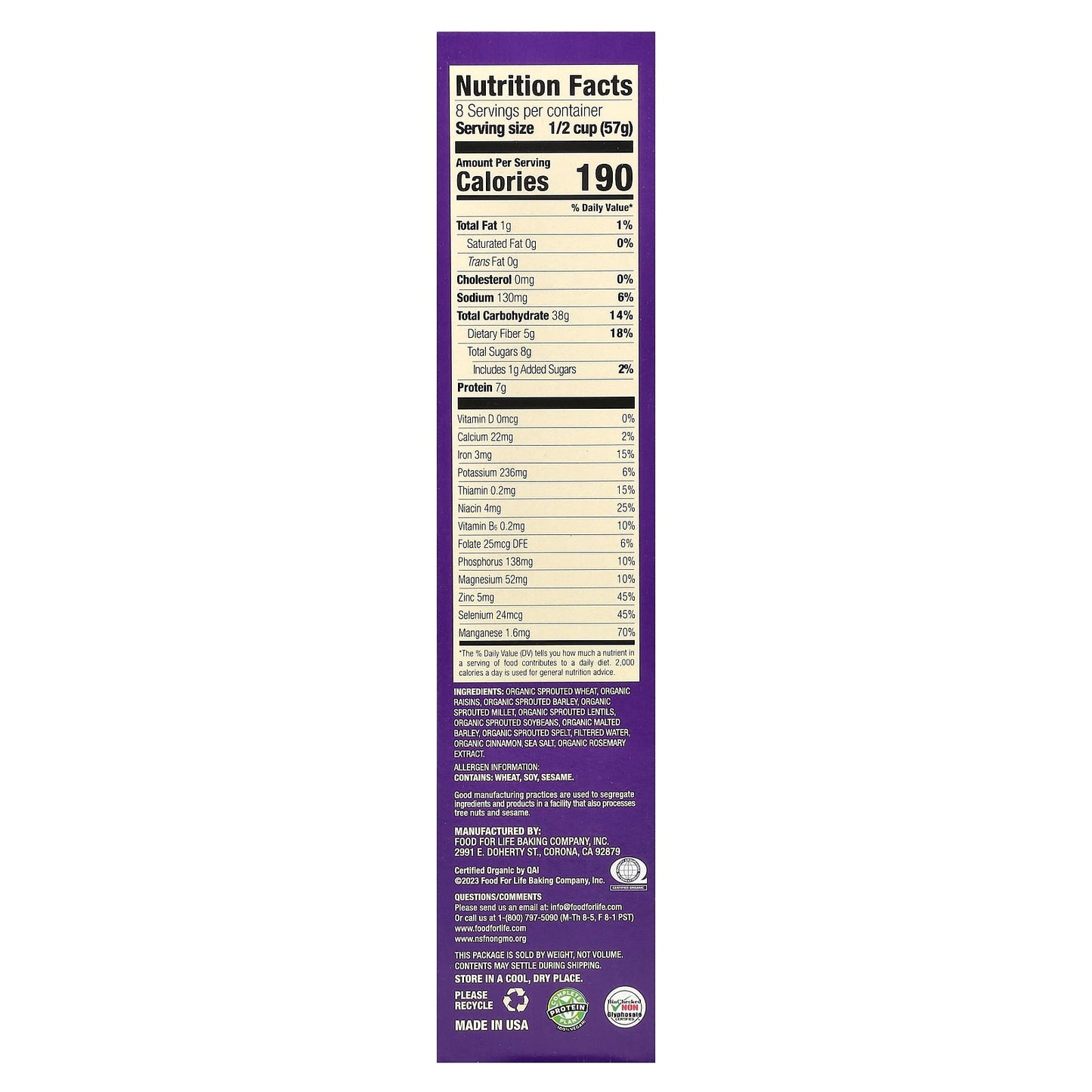 Cinnamon Raisin Sprouted Grain Cereal by Food For Life | Complete Protein - Image 2