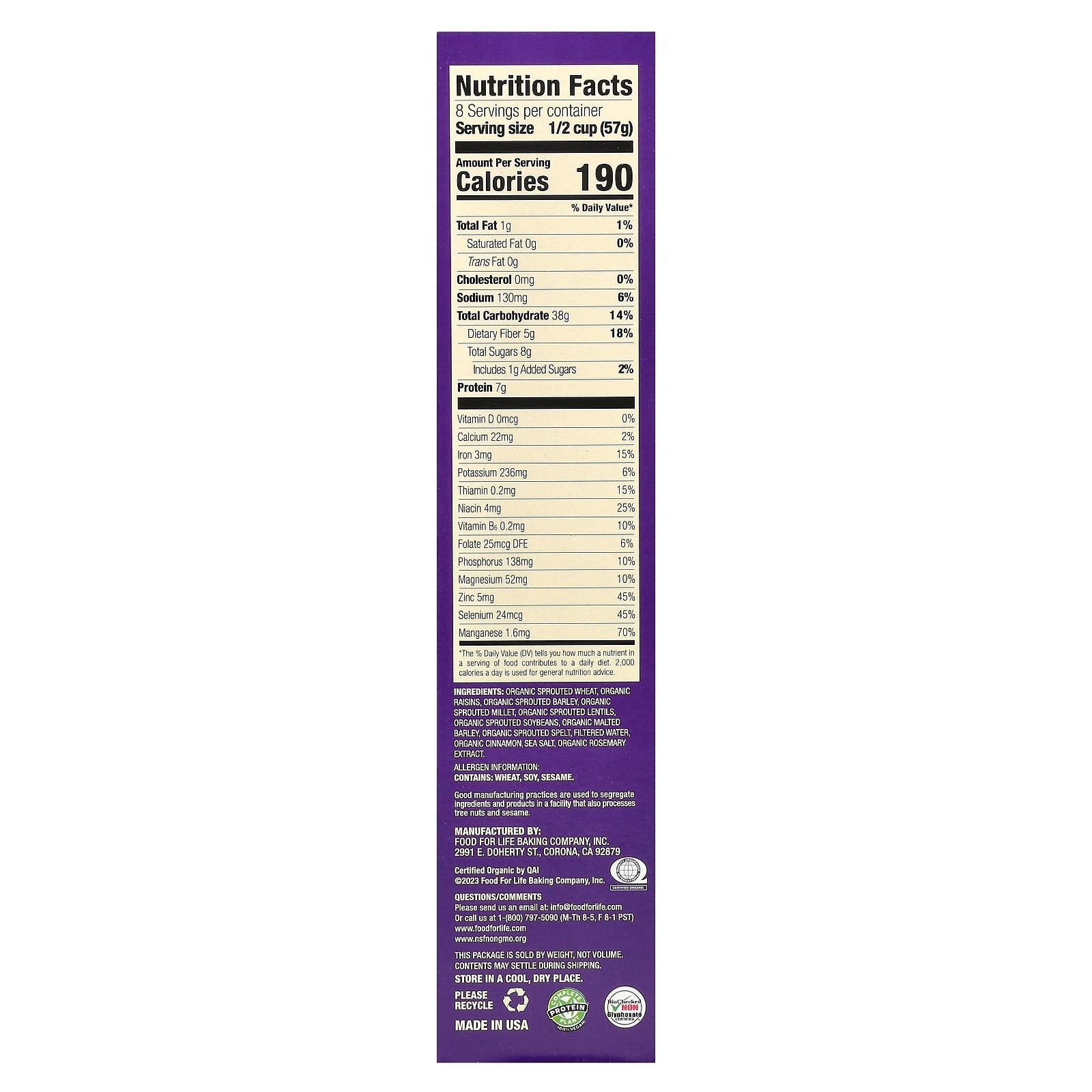 Cinnamon Raisin Sprouted Grain Cereal by Food For Life | Complete Protein - Image 2