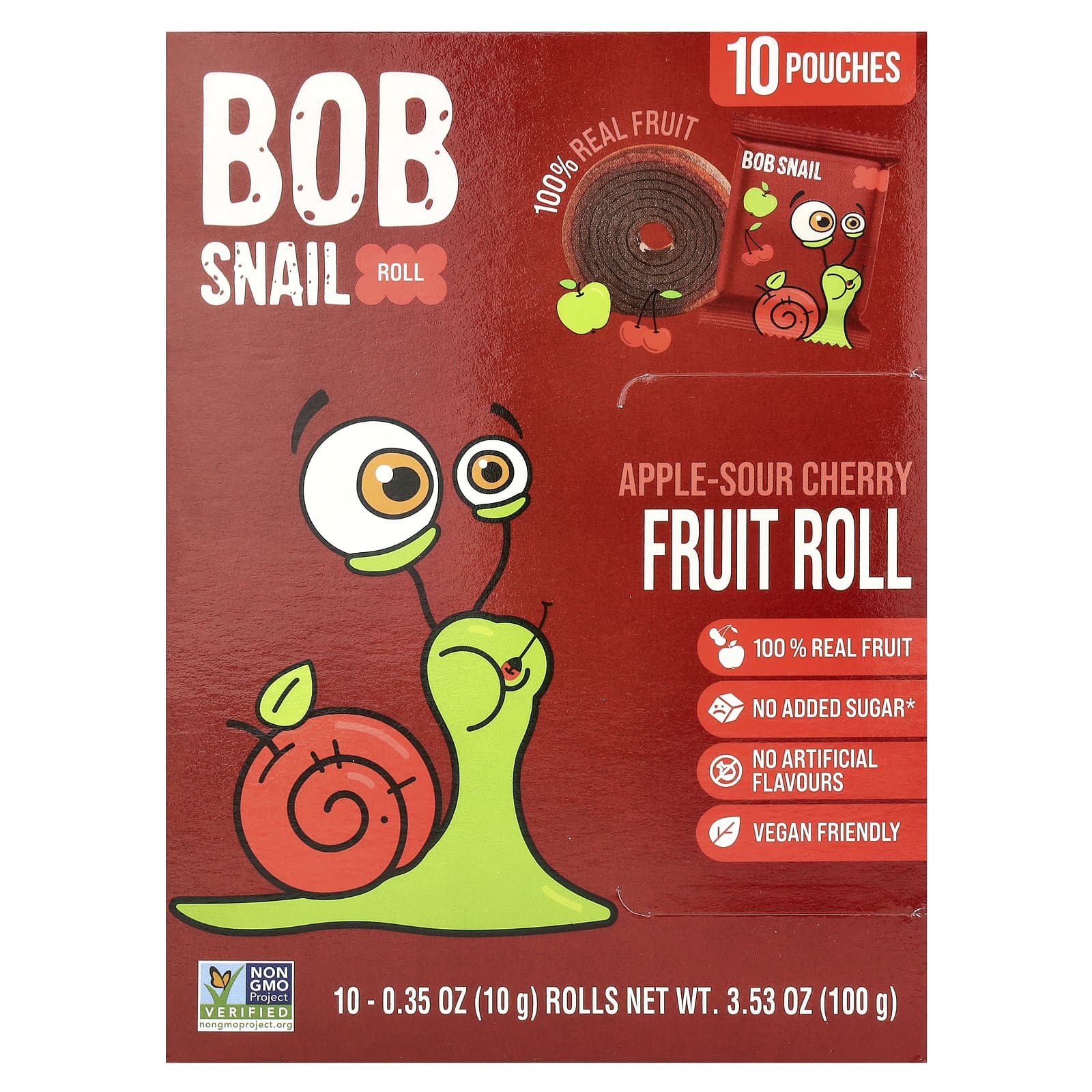 Bob Snail Fruit Rolls - Apple-Sour Cherry, 10 x 0.35 oz Pouches - Image 1