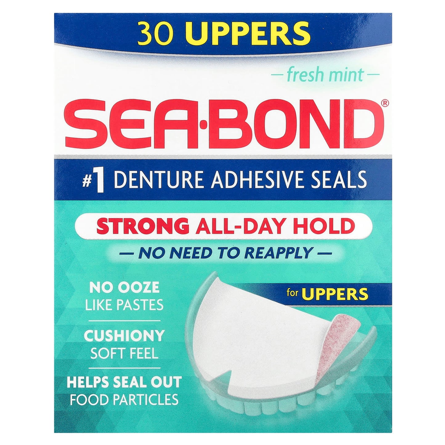SeaBond, Denture Adhesive Seals, Fresh Mint, 30 Uppers - Image 1