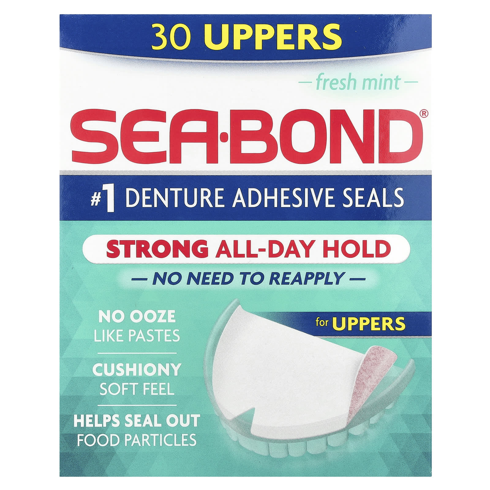 SeaBond, Denture Adhesive Seals, Fresh Mint, 30 Uppers - Image 1