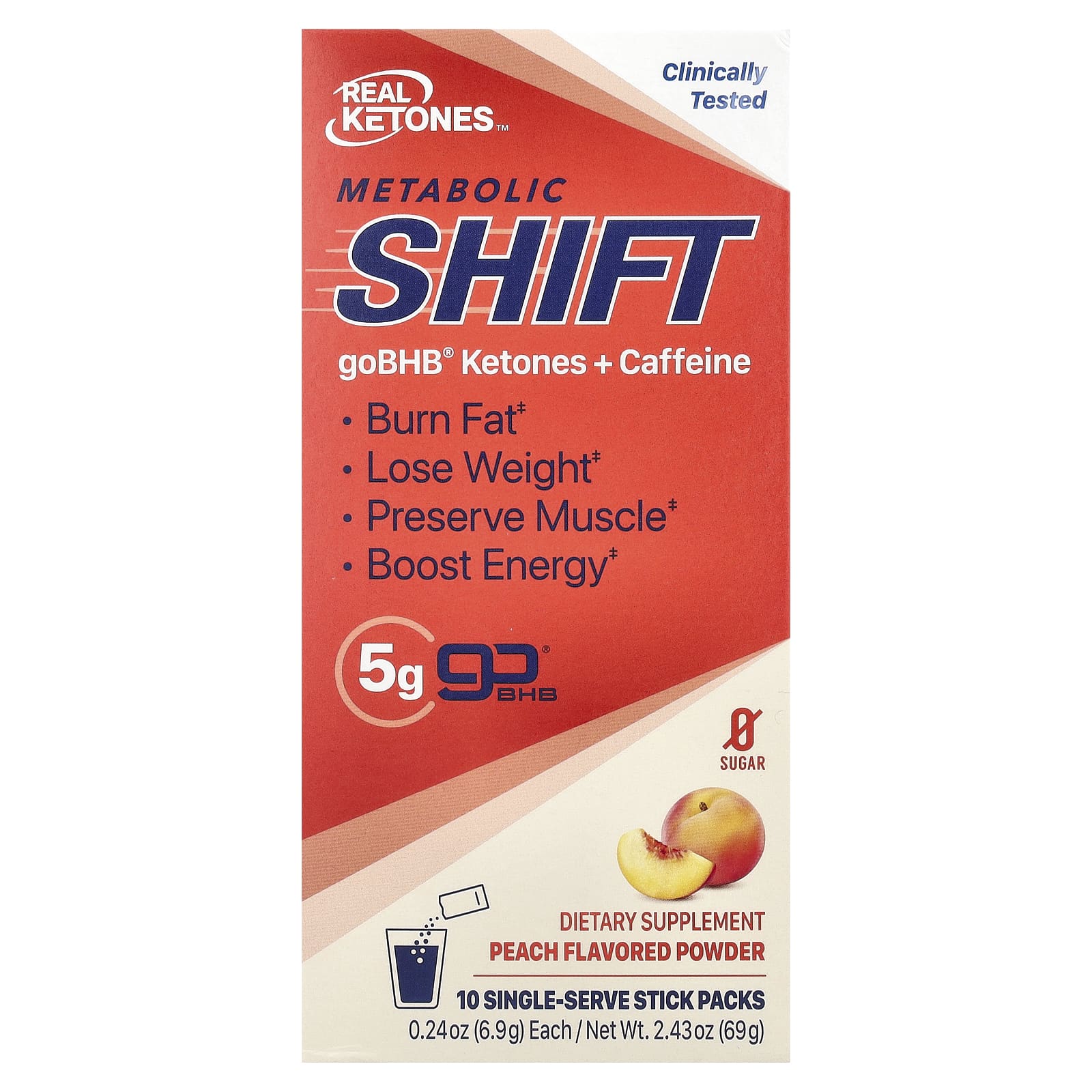 Real Ketones, Metabolic Shift, Peach, 10 Single-Serve Stick Packs, 0.24 oz (6.9 g) Each - Image 1