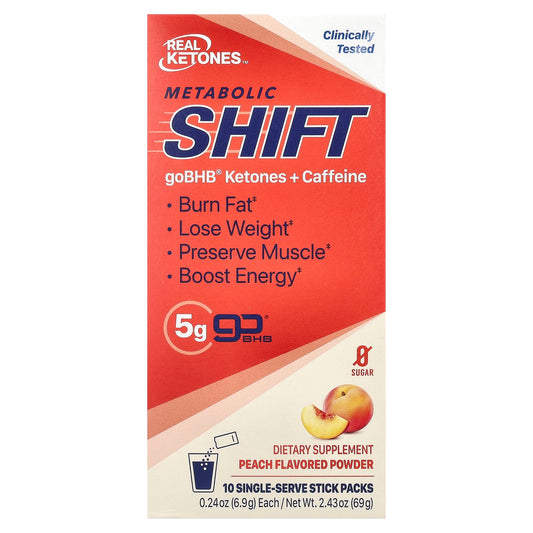 Real Ketones, Metabolic Shift, Peach, 10 Single-Serve Stick Packs, 0.24 oz (6.9 g) Each - Image 1