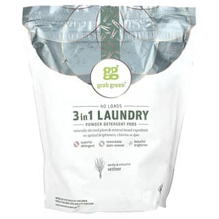 Grab Green, 3-in-1 Laundry Powder Detergent Pods, Vetiver, 60 Loads, 2 lbs, 2 oz