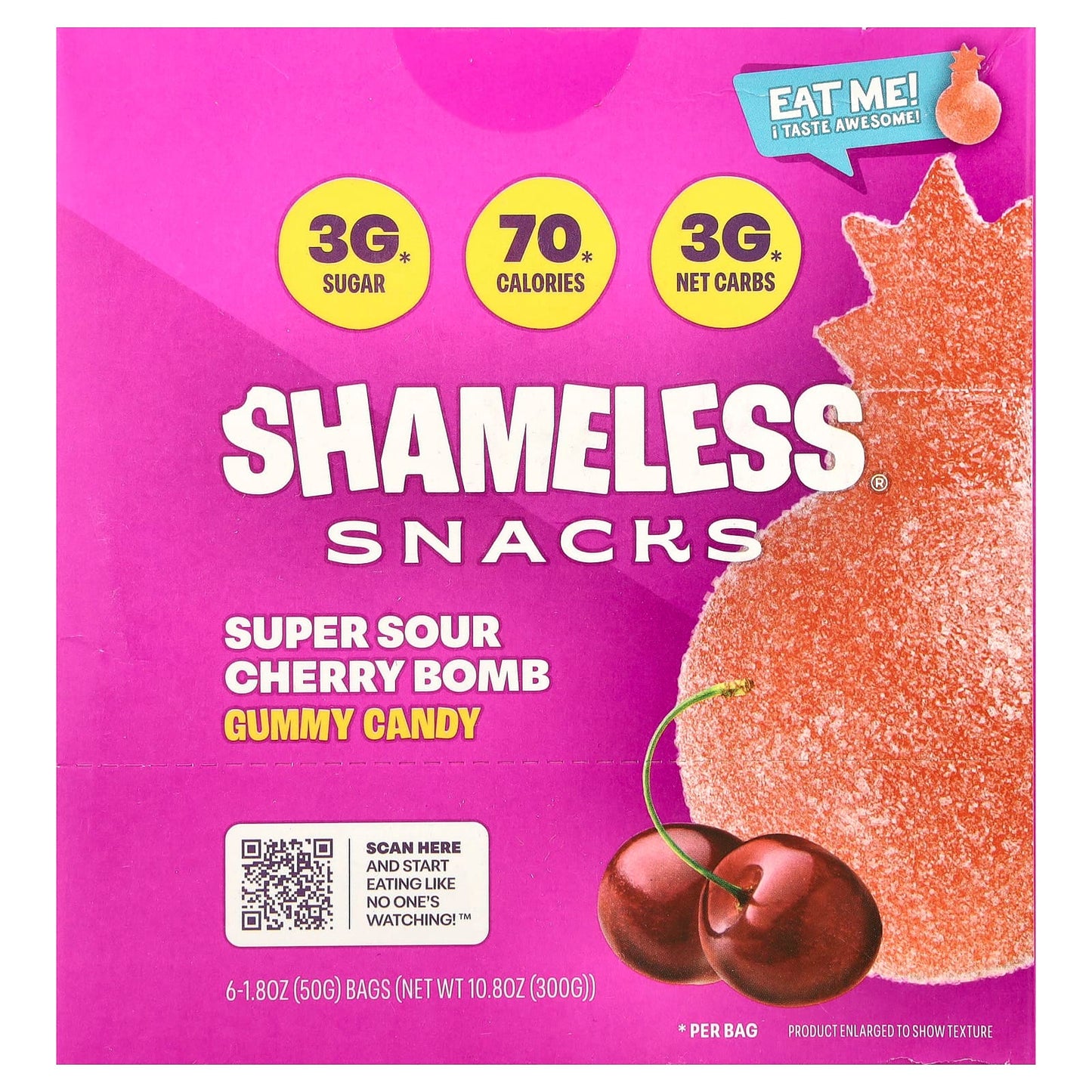 Shameless Snacks, Gummy Candy, Super Sour Cherry Bomb, 6 Bags, 1.8 oz (50 g) Each - Image 1