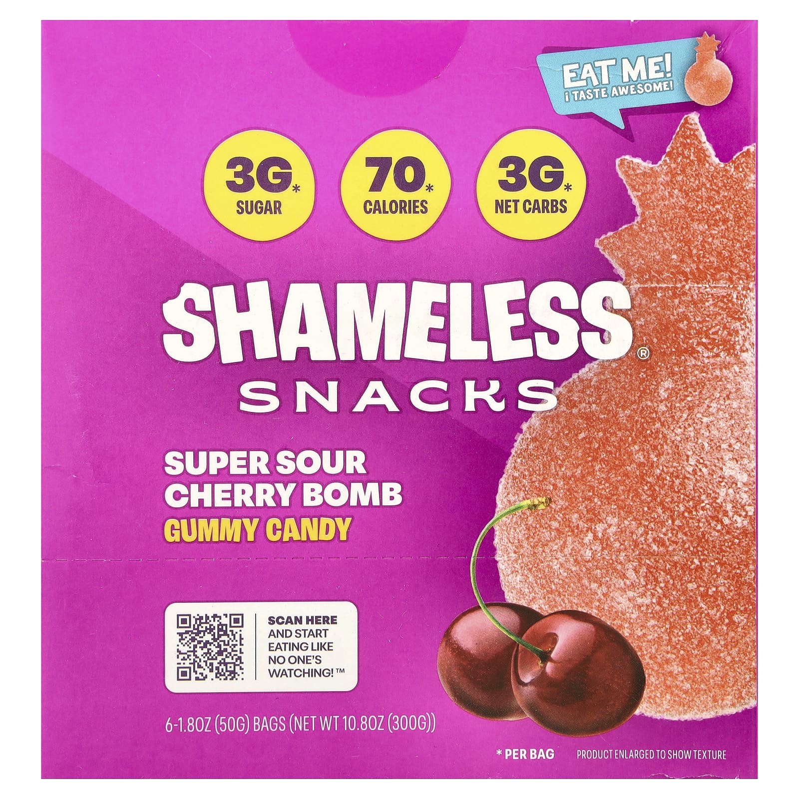 Shameless Snacks, Gummy Candy, Super Sour Cherry Bomb, 6 Bags, 1.8 oz (50 g) Each - Image 1