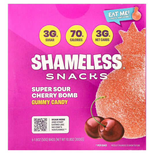 Shameless Snacks, Gummy Candy, Super Sour Cherry Bomb, 6 Bags, 1.8 oz (50 g) Each - Image 1