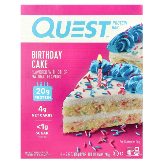 Quest Nutrition, Protein Bar, Birthday Cake, 4 Bars, 2.12 oz (60 g) Each - Image 1