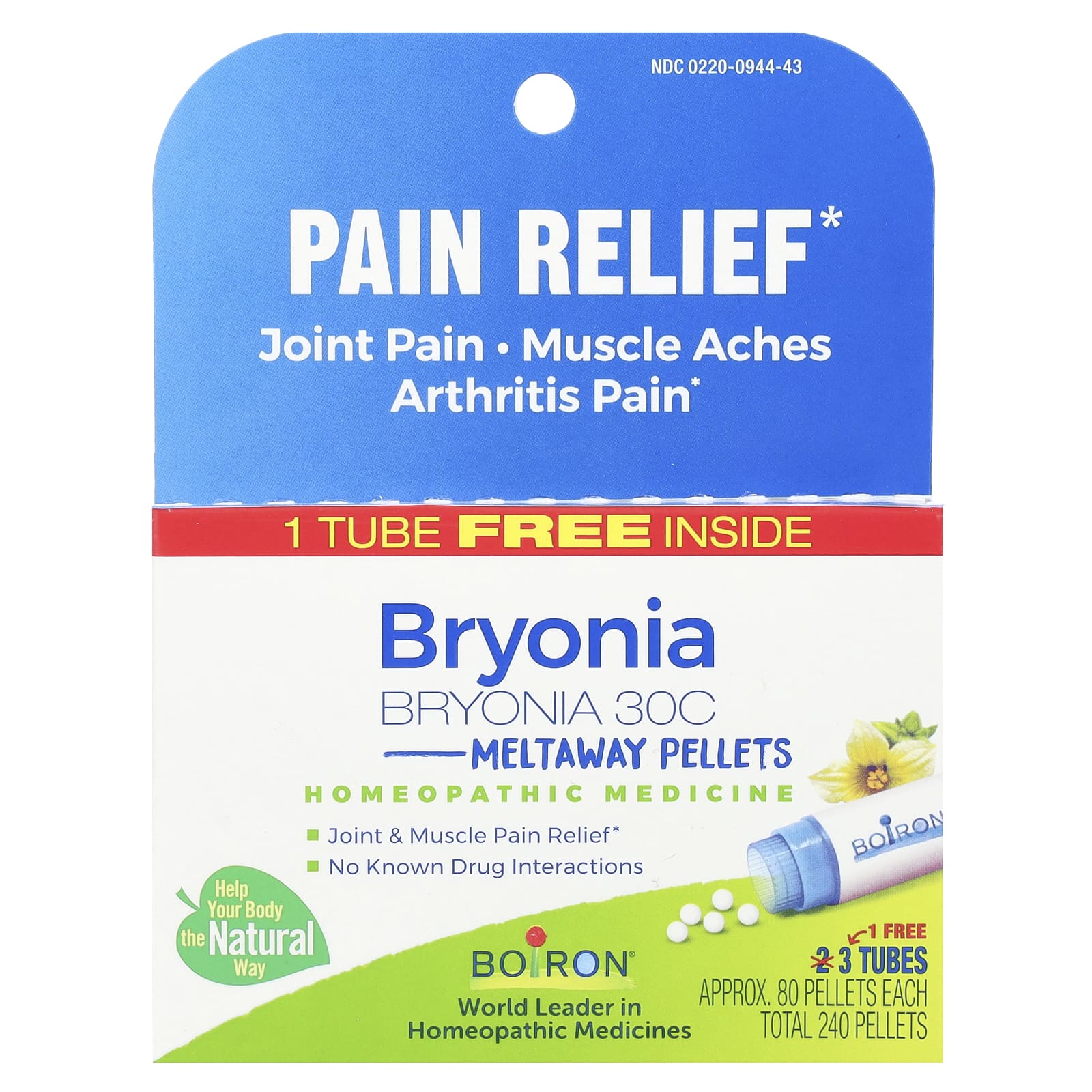 Boiron Bryonia 30C Pellets for Joint & Muscle Pain Relief - 3 Tubes, 80 Pellets Each - Image 1