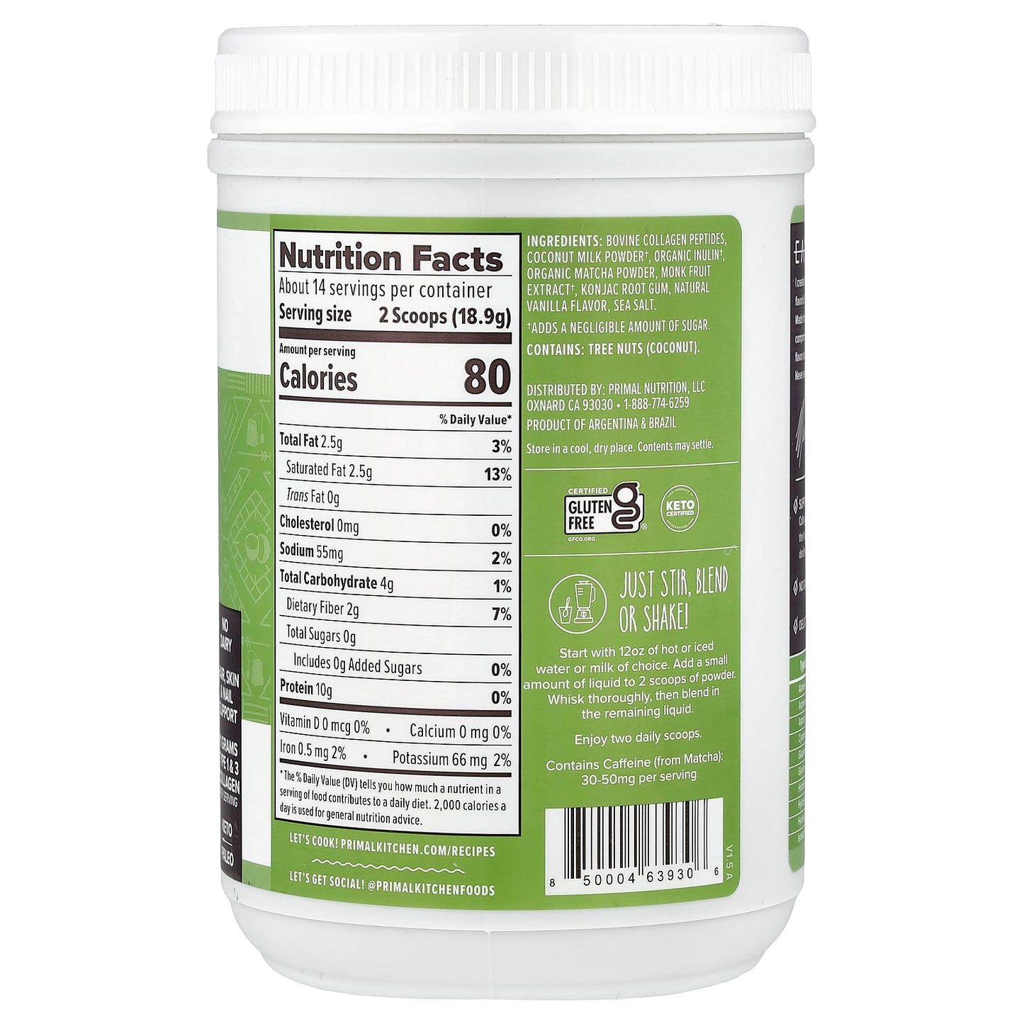 Primal Kitchen, Collagen Keto Latte, Matcha, 9.33 oz (264.6 g) - Image 2