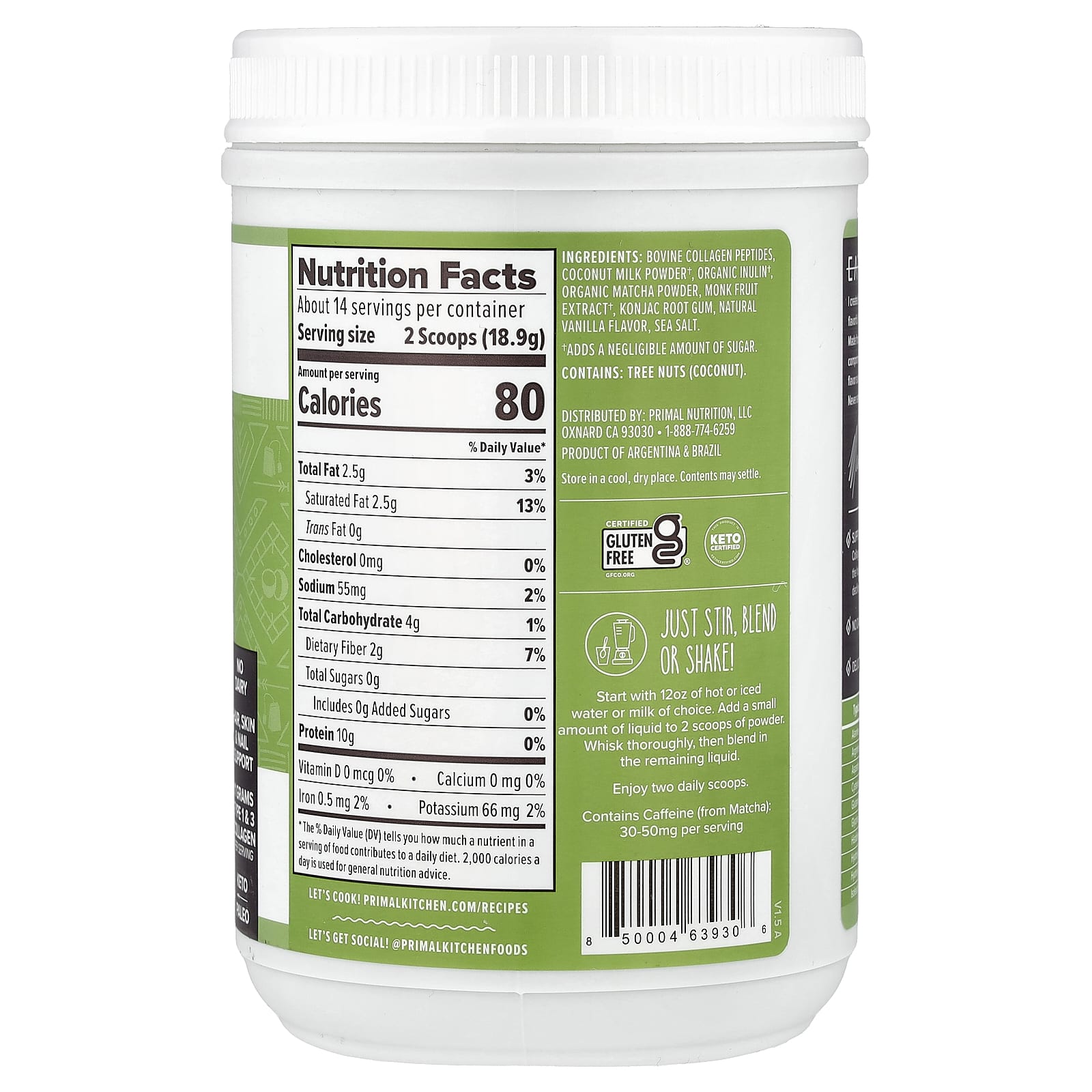 Primal Kitchen, Collagen Keto Latte, Matcha, 9.33 oz (264.6 g) - Image 2