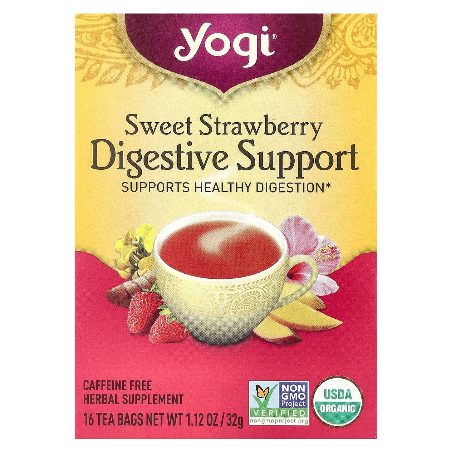 Yogi Tea, Digestive Support, Sweet Strawberry, Caffeine Free, 16 Tea Bags, 1.12 oz (32 g) - Image 1