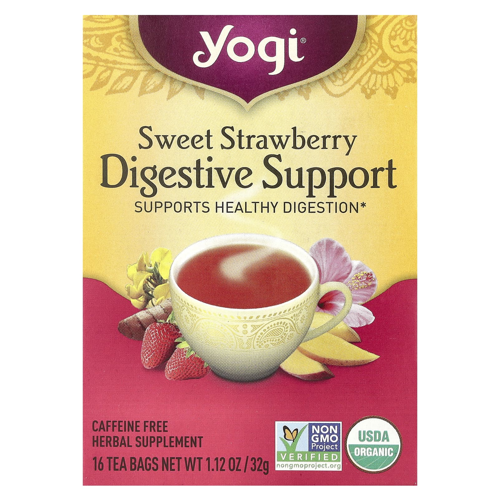 Yogi Tea, Digestive Support, Sweet Strawberry, Caffeine Free, 16 Tea Bags, 1.12 oz (32 g) - Image 1